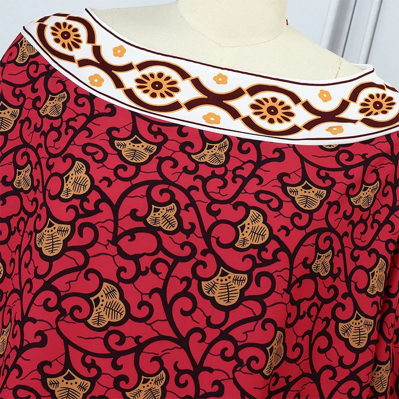 Women's Bohemian Printing Maxi Dress Long Bat-wing Sleeve Elegant Casual Round Neck
