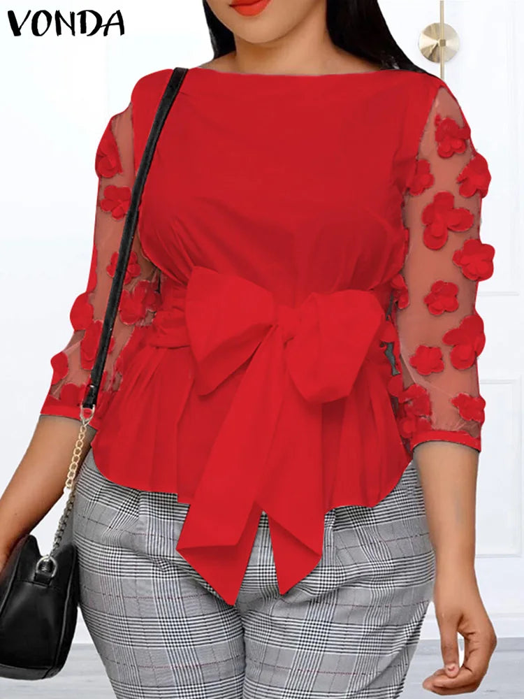Plus Size 5XL VONDA Women Mesh Blouses 2024 Summer Bohemian Patchwork Tops Belted Blusas Casual Flowers Loose Shirt Oversize