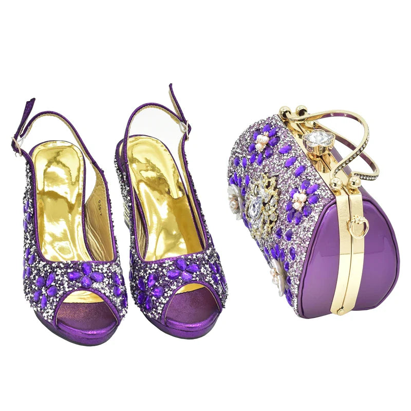 Italian Shoes and Bags Matching Set with Rhinestone Plus Size Shoes Luxury Italian Shoe and Bag Set 2025 Wedding Shoes Bride