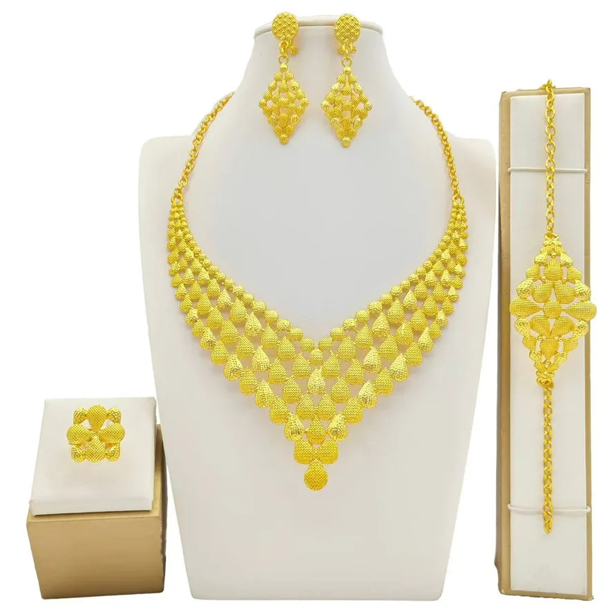 Fashion Dubai Flower Design Luxury 24k Gold Color Women's Jewelry Set African Fashion Bracelet Earrings Necklace Ring Four Piece