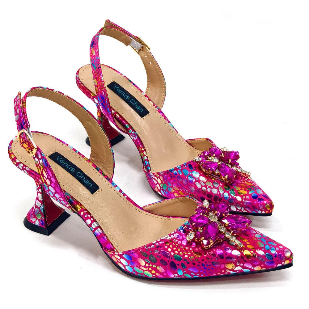 2025 New Yellow Color Thin Heels Pointed Toe Crystal Design Ladies Shoes Matching Bag Set For Women Weeding Party Pump