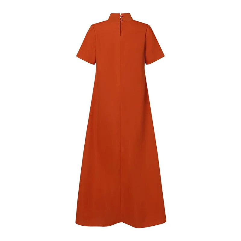 Summer High Collar Kleid Robes Casual Loose Party Long Dresses Women Short Sleeve Maxi Dress Elegant Solid 2023 Vestidos