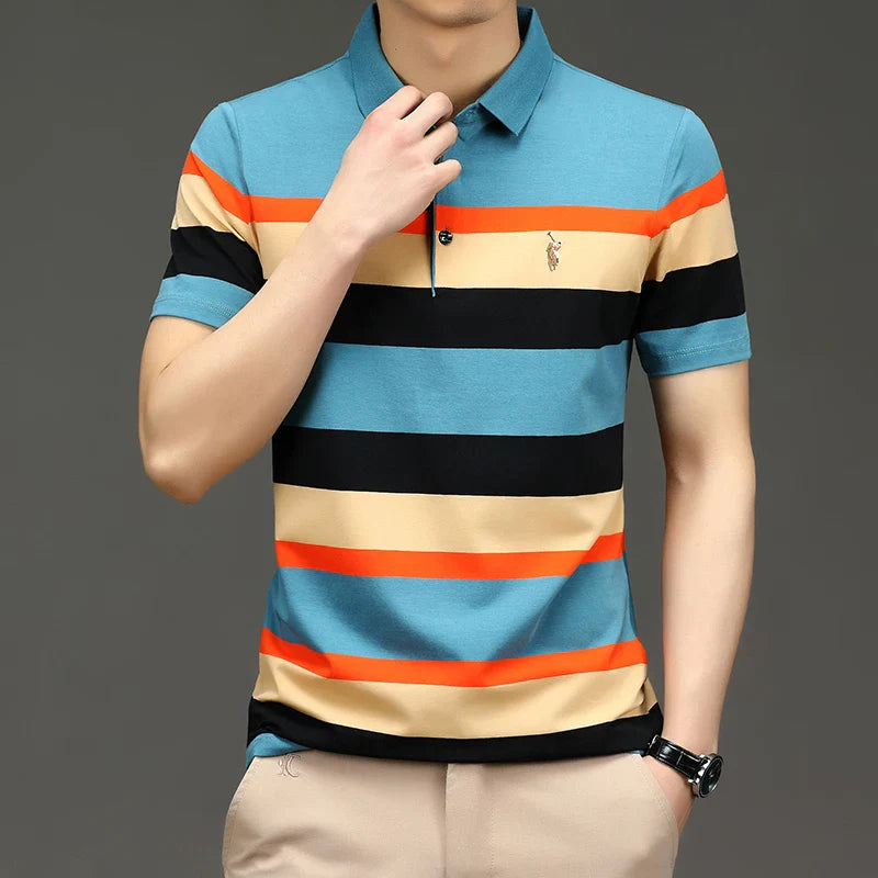 Embroidery Men's Polo Shirts Golf Shirt Summer Striped Button