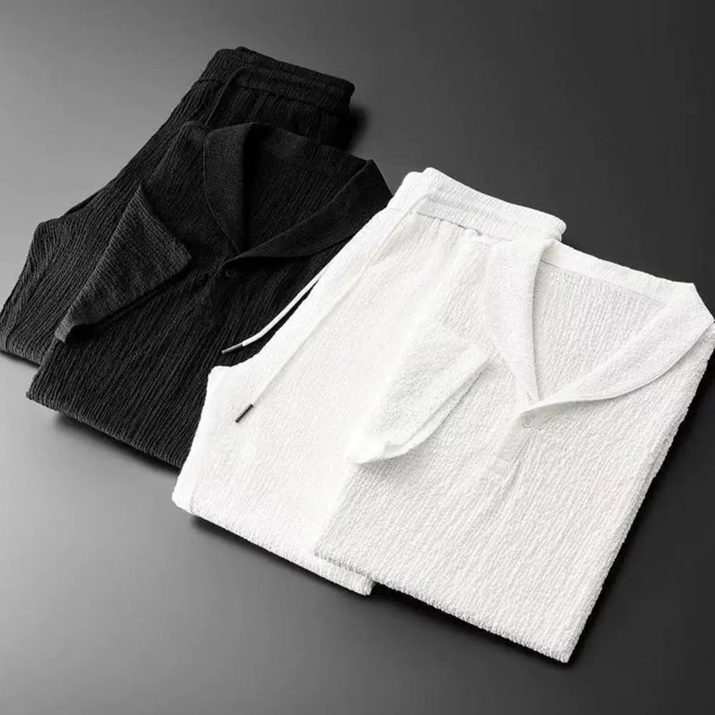2Pcs/Set Summer Men's Suit Elastic Waistband Pleated Casual Outfit Men Business Short Sleeve Shirts Long Pants Set Male Clothing