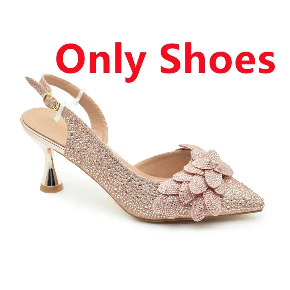 Luxury Italian Shoes and Bag Set for Women Wedding Pointed Toe Women's Pumps High Heel Rhinestones Party Ladies Shoe and Bag Set