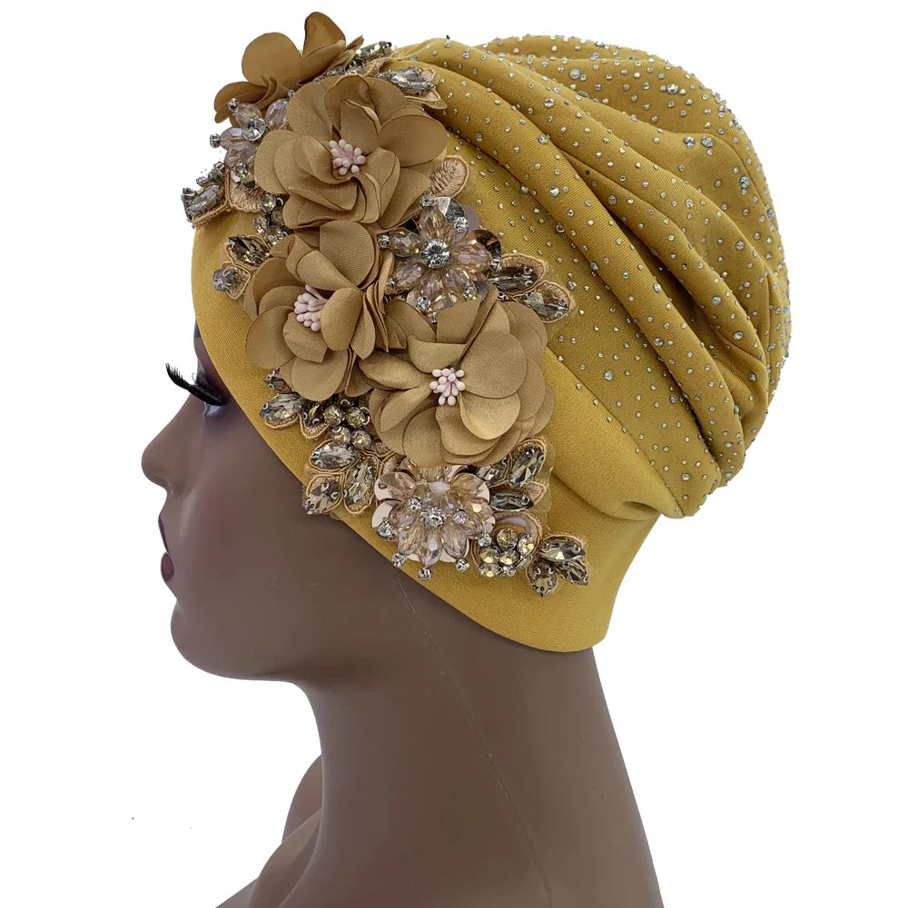 Elegant African Turban Cap with Shiny Rhinestone Ready to Wear Nigeria Auto Gele Headtie Party Women's Head Wrap Bonnet Turbante