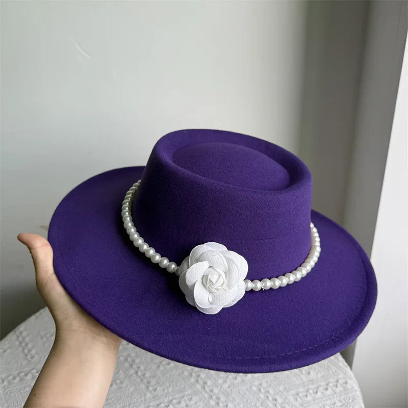 Women's Fashionable Fedora Hat 10CM Wide Brim Flat Top Felt Hats For Wedding And Jazz