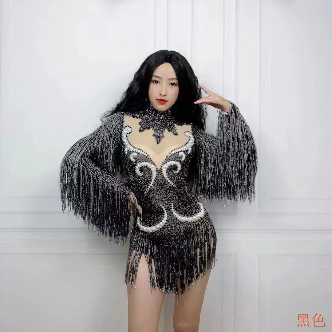 Stage Latin dance cha-cha dance practice suit stretch slim skirt fringe flash small diamond pearl design suit