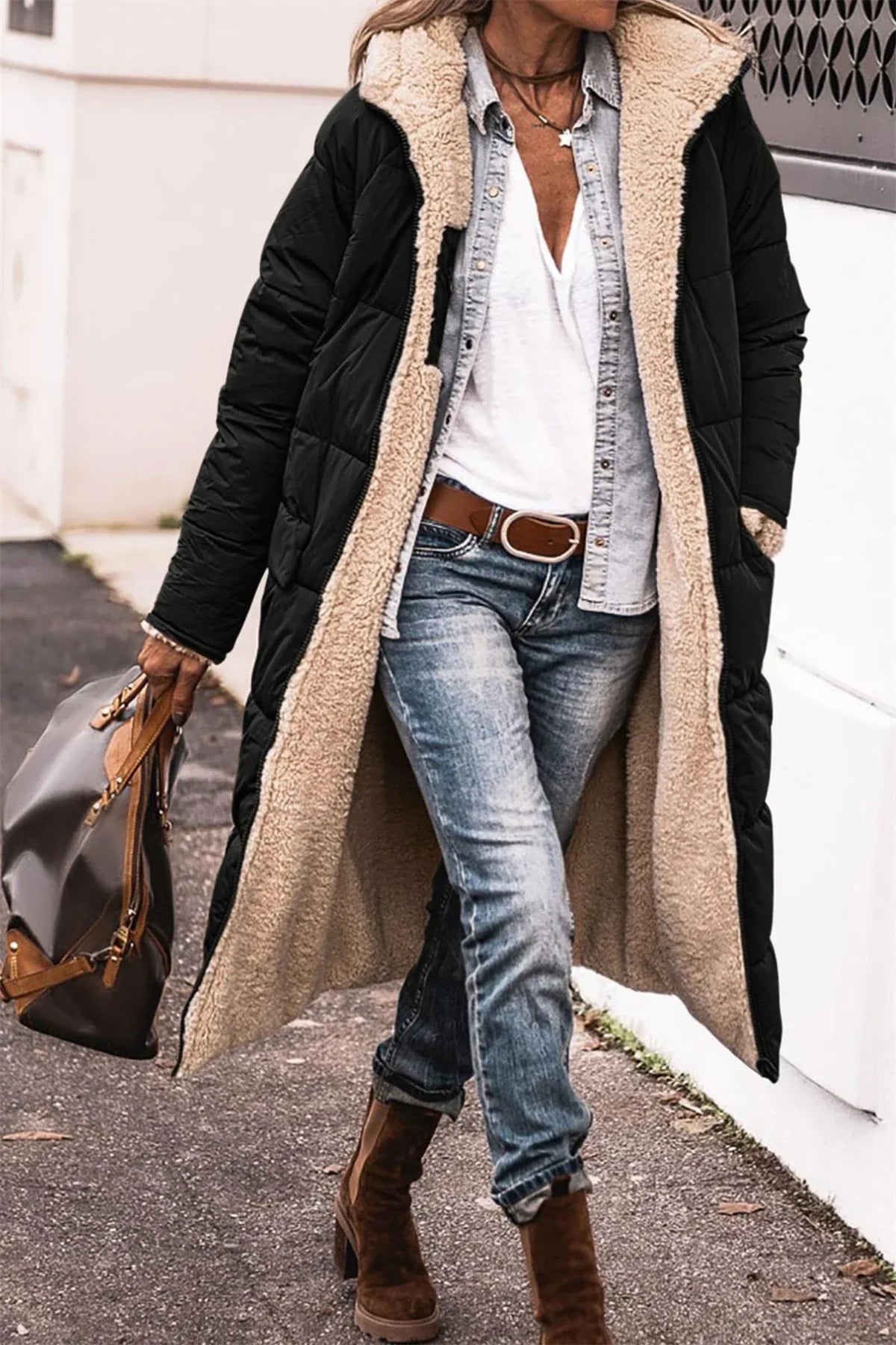 Winter Hooded Quilted Women's Solid Reversible Long Sleeve Thick