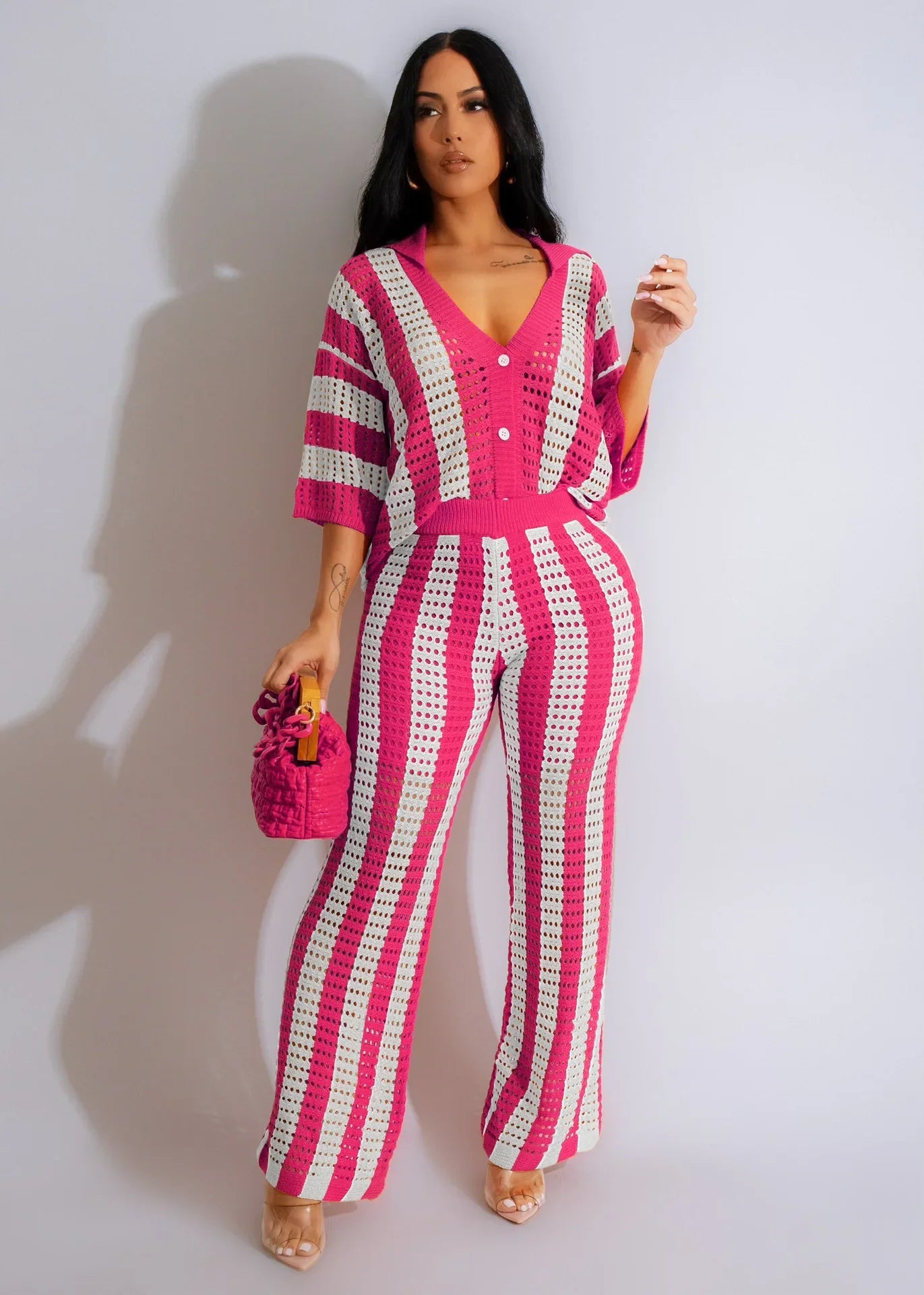 CM.YAYA Knit Ribbon Women's Set Short Sleeve Shirts and Wide Leg Pants 2024 Summer Beach Two 2 Piece Sets Outfits Tracksuit