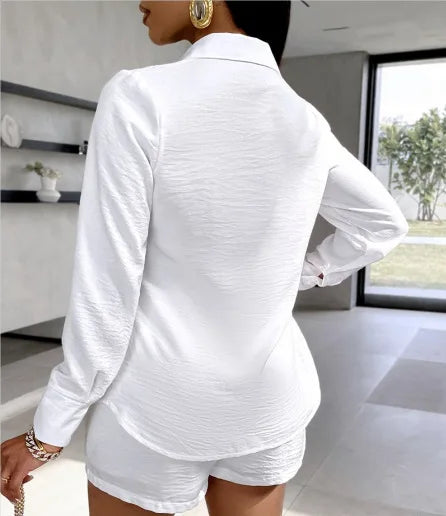 Female Fashion Short Pants Sets Shirt Tops Turn Down Collar Long Sleeve High Waist Pants 2 Piece Outfits For Women Summer New