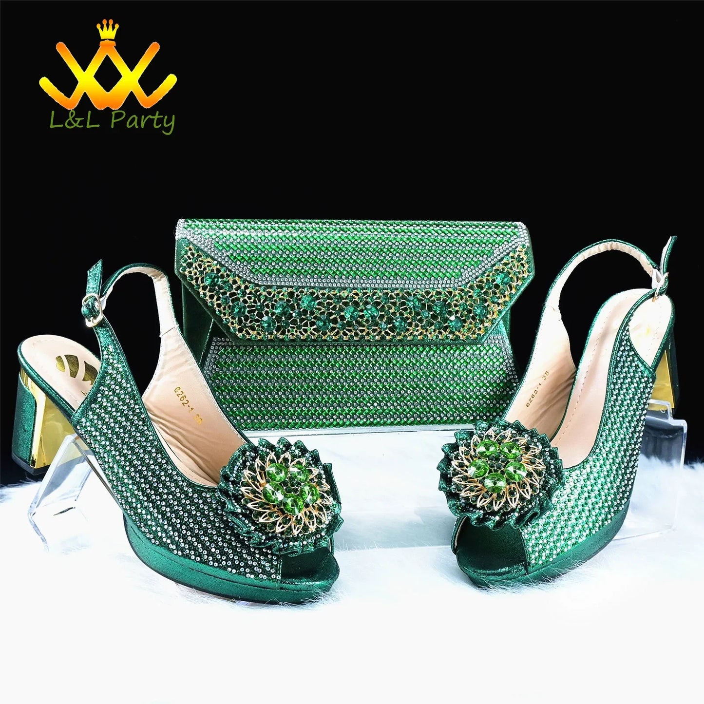 2025 Special New Arrivals Italian Women Shoes and Bag to Match in Green Color with Platform Shinning Crystal Sandal for Wedding
