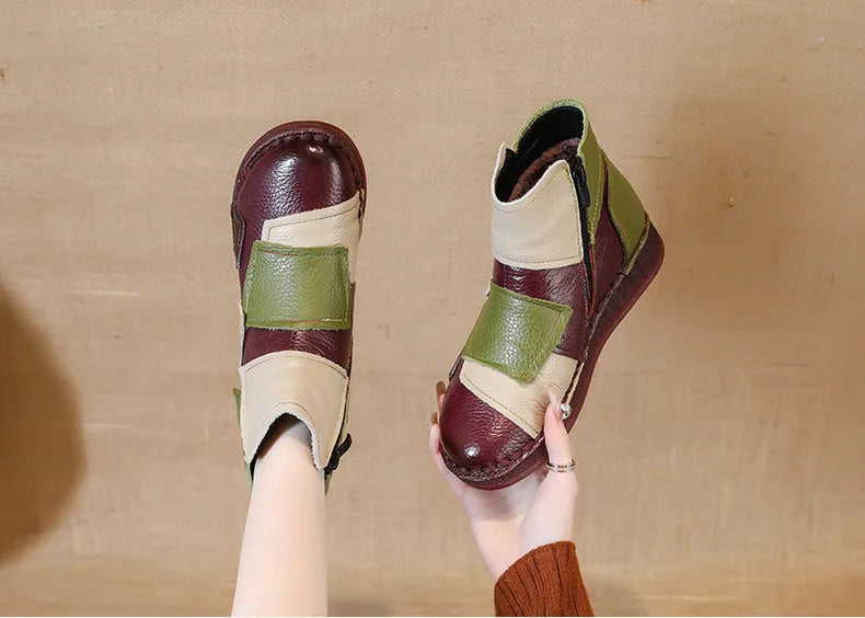 Winter Genuine Leather Flat-soled women shoes Casual shoes women Boots Color Matching Short Boots Warm Comfortable Cotton Shoes