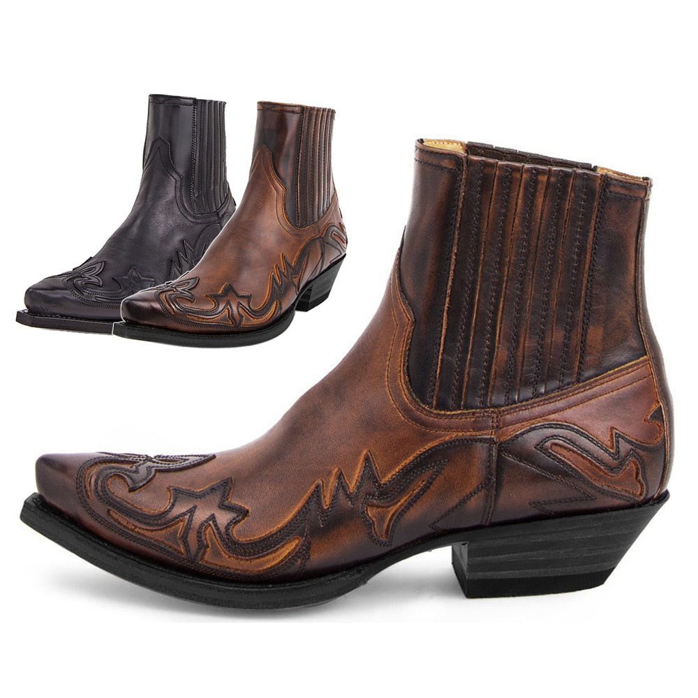 Unisex Pu Leather Boots Western Cowboy Boots Embroidery Design Pointed Shoes Ankle Boots