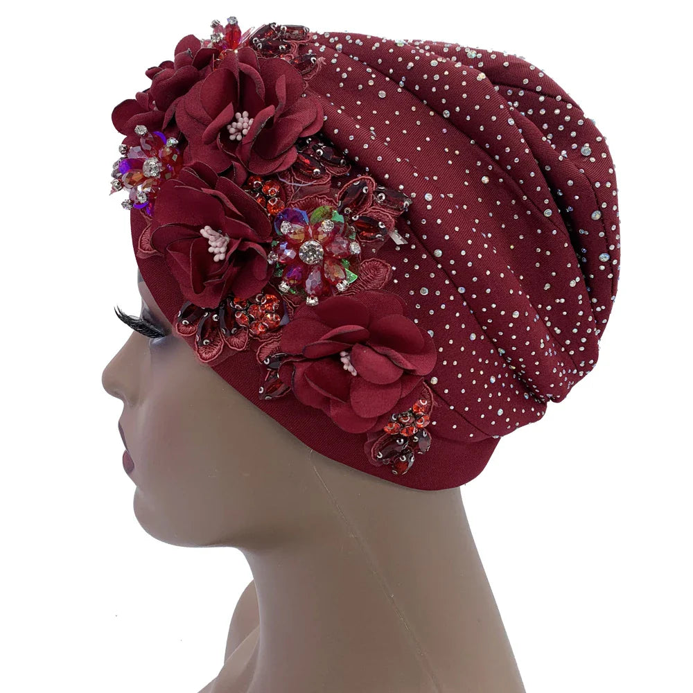 Elegant African Turban Cap with Shiny Rhinestone Ready to Wear Nigeria Auto Gele Headtie Party Women's Head Wrap Bonnet Turbante