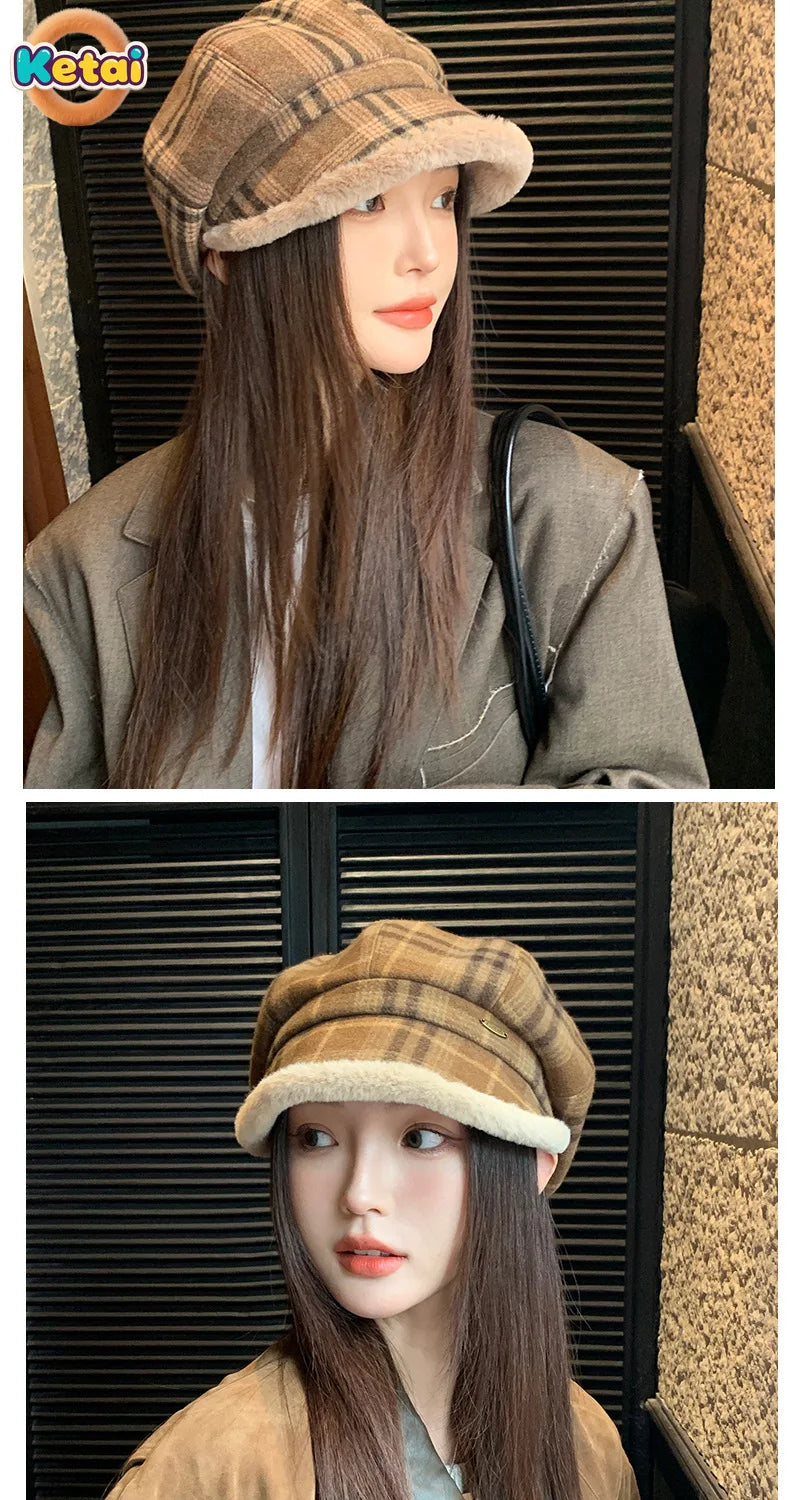 Winter Vintage Plaid Plush Warm Octagonal Women's Hat