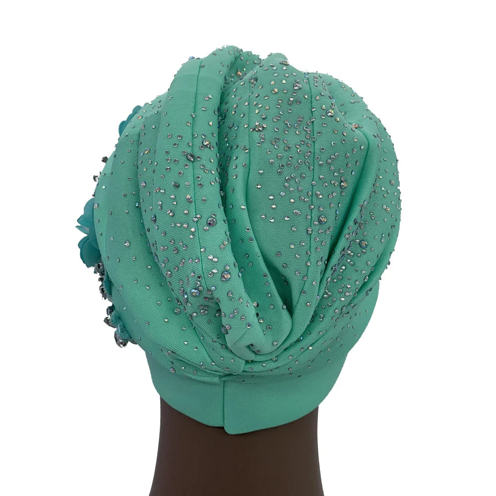 Elegant African Turban Cap with Shiny Rhinestone Ready to Wear Nigeria Auto Gele Headtie Party Women's Head Wrap Bonnet Turbante