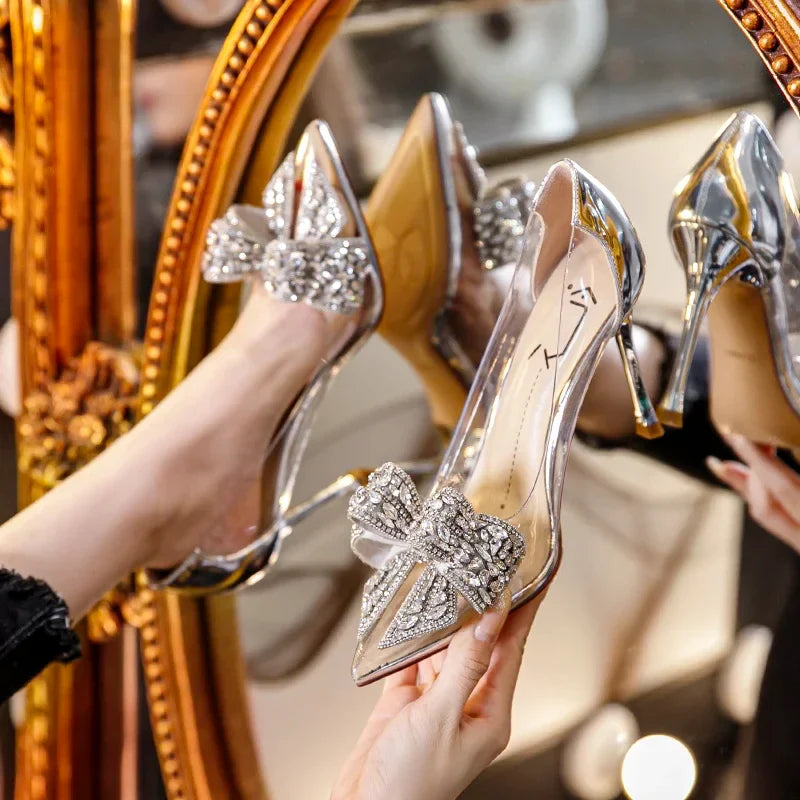 Spring and Autumn New Transparent High Heels Pointed Diamond Decorated Bow Fashion Sexy Banquet Stiletto Women's Shoes