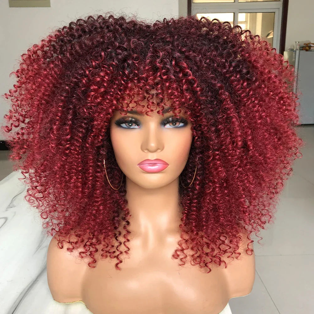 Curly Afro Wigs for Black Women Short Curly Wig with Bangs Kinky Curls Curly Hair Synthetic Wigs for African American Women
