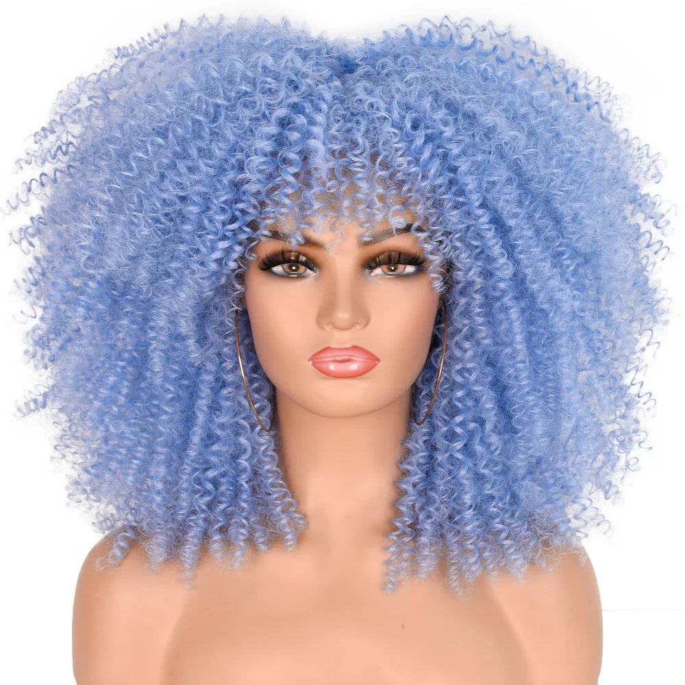 Curly Afro Wigs for Black Women Short Curly Wig with Bangs Kinky Curls Curly Hair Synthetic Wigs for African American Women