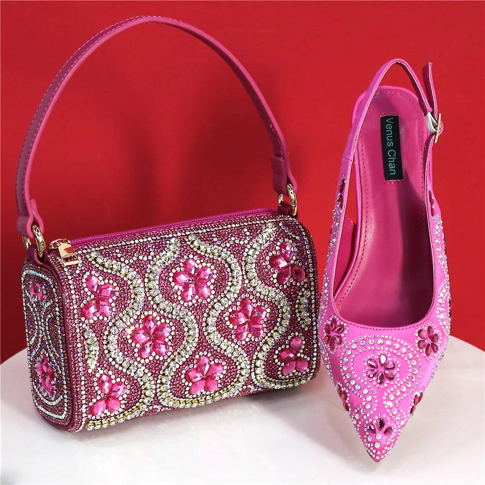 Elegant And Sexy Fuchsia Color High Heels Shoes And Bag With Rhinestone Embellished Toe Is Comfortable Women's Shoes For Party