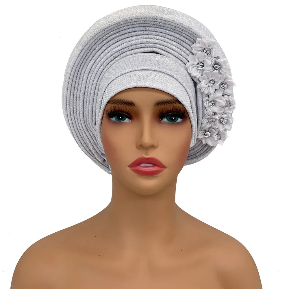 2024 New African Headtie Turban Nigeria Head Ties with Flowers Already Made Auto Gele Women Head Wraps for Wedding Party