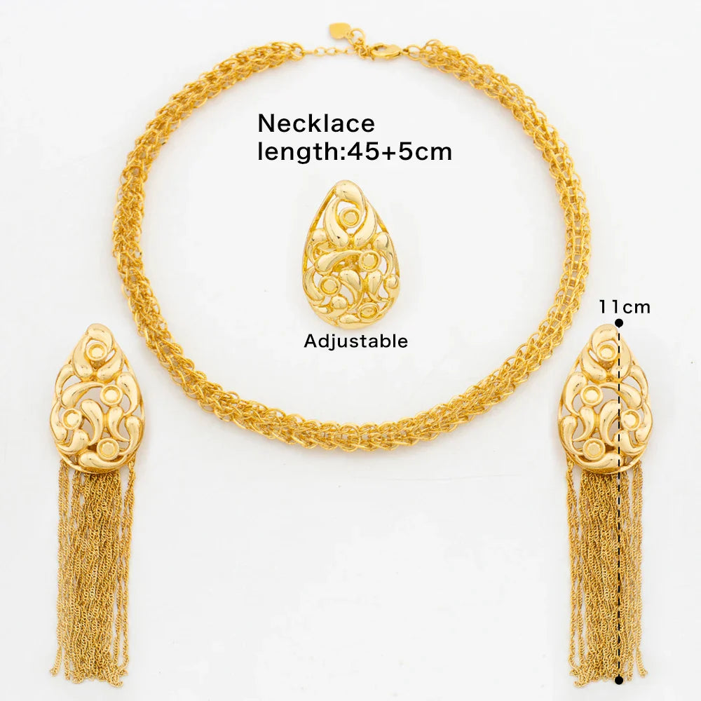 African Fashion Earrings Necklace Ring Jewelry Set for Women Luxury Gold Color Tassel Earrring 8 Shape Design Italy Wedding Gift