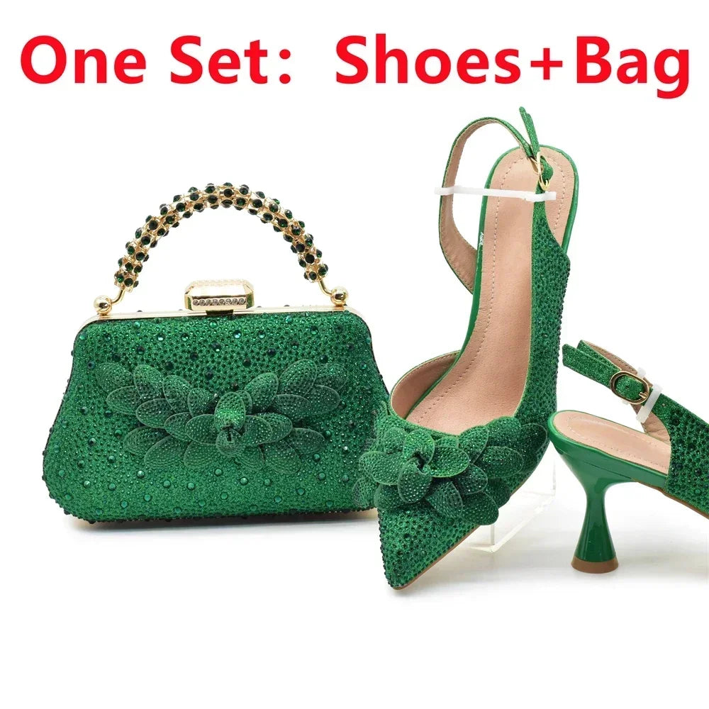 Luxury Italian Shoes and Bag Set for Women Wedding Pointed Toe Women's Pumps High Heel Rhinestones Party Ladies Shoe and Bag Set