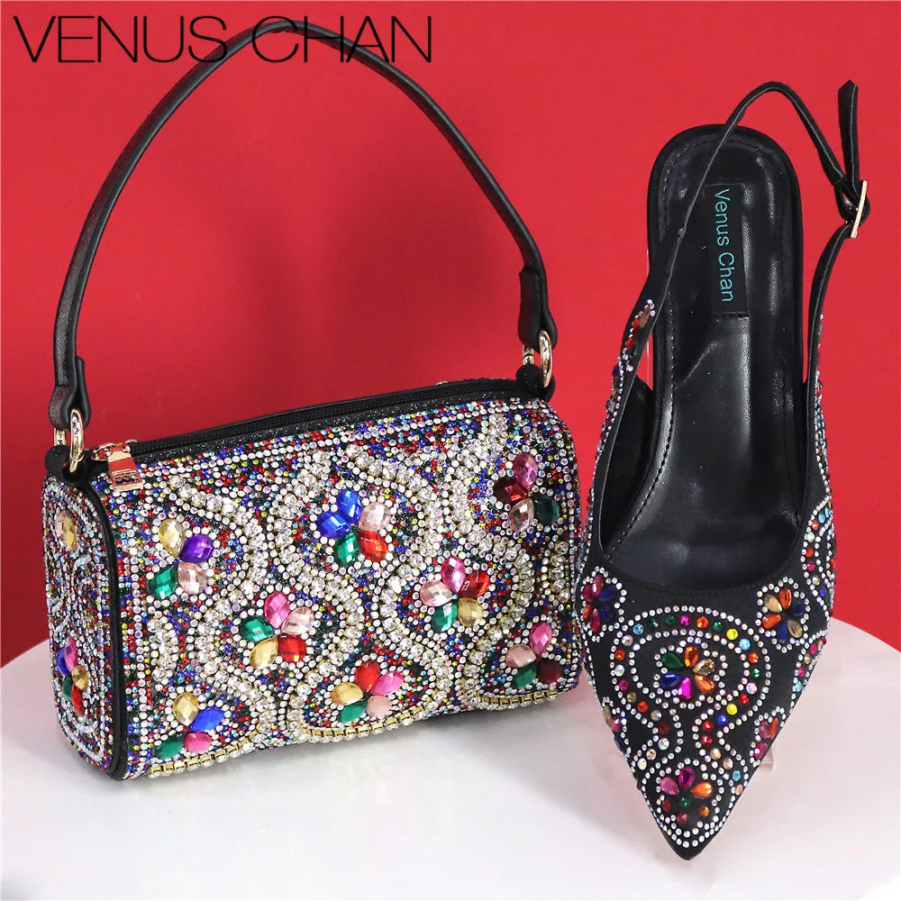 Elegant And Sexy Fuchsia Color High Heels Shoes And Bag With Rhinestone Embellished Toe Is Comfortable Women's Shoes For Party