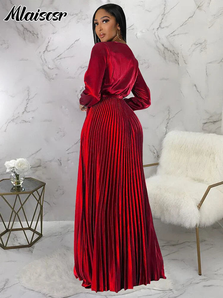 Mlaiscsr Elegant Wedding Guest Pleated Long Dress Women V Neck Lantern Sleeves Sashes Big Swing Sexy Birthday Party Evening Robe