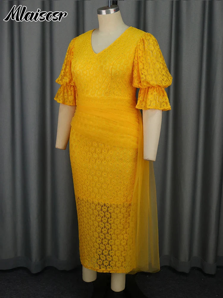 Mlaiscsr Yellow Birthday Prom Floral Lace Puff Sleeve See-Through Midi Dresses Elegant Sweet Wedding Guest Cocktail Vestidos New