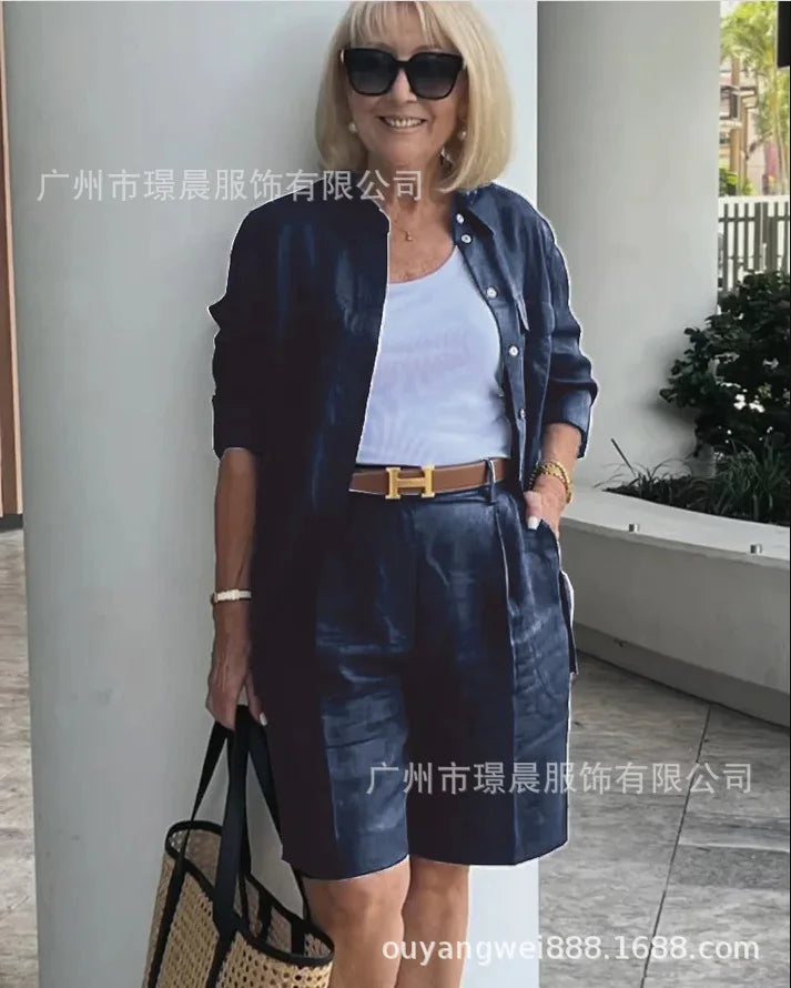 2025 Elegant 2-Piece Sets For Women Womens Cardigan Shirt Top Summer Solid Color Casual Shorts Two Piece New In Matching Sets