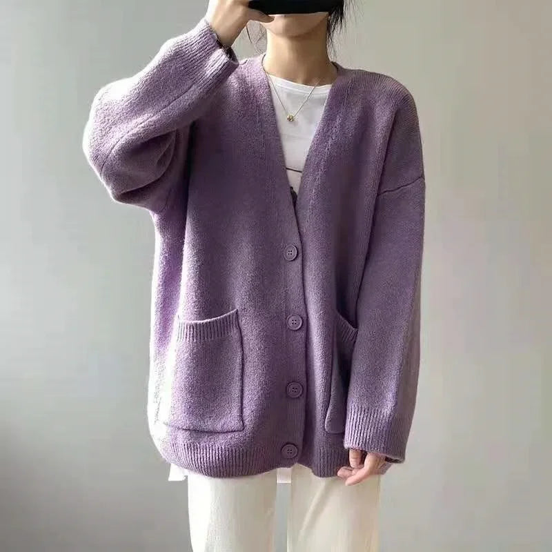 Rimcoy 2025 Chic Yellow Sweater Cardigan Women Lazy Wind Single-Breasted Knitted Cardigan Women Solid V Neck Cardigans Female