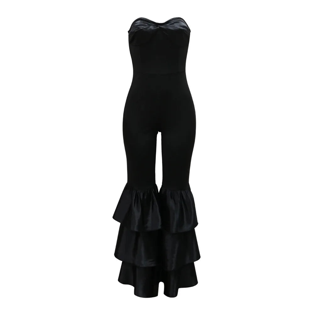 Jumpsuits Strapless Women Sleeveless Sexy Rompers One Piece Overalls Slim Fit Long Pant Ruffles Patchwork Elegant Lady