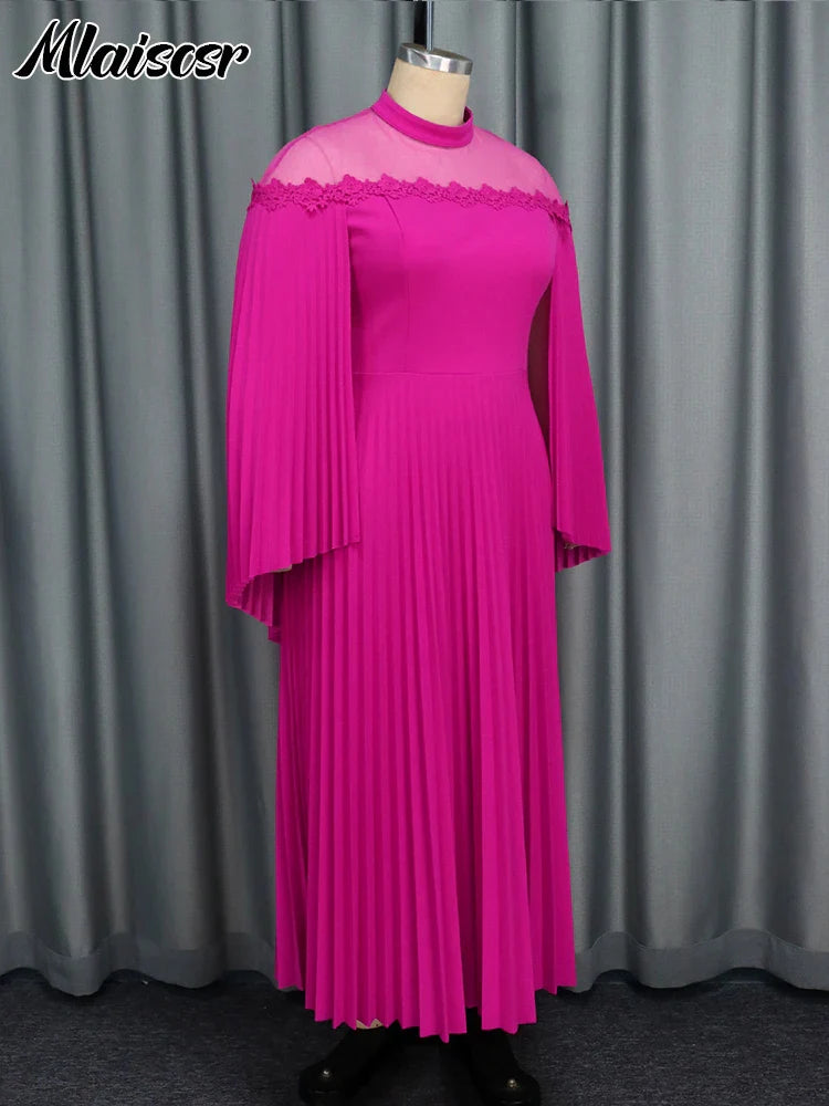 Mlaiscsr Women Mesh Patchwork Pleated A-Line Festival Party Dress Cloak Sleeve O-Neck African Evening Prom Birthday Vestidos New