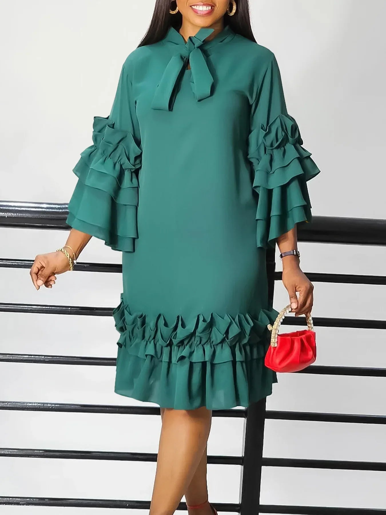 Church Dressese for Woman 2024 Plus Size Elegant Purple Dress Flanged Flared Sleeve Shirt Pleated Ruffles Bow Collar