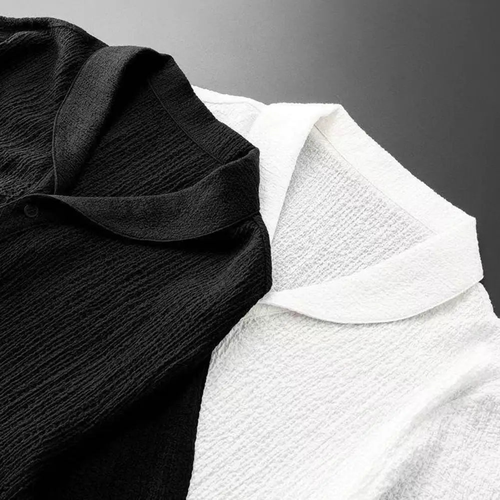 2Pcs/Set Summer Men's Suit Elastic Waistband Pleated Casual Outfit Men Business Short Sleeve Shirts Long Pants Set Male Clothing