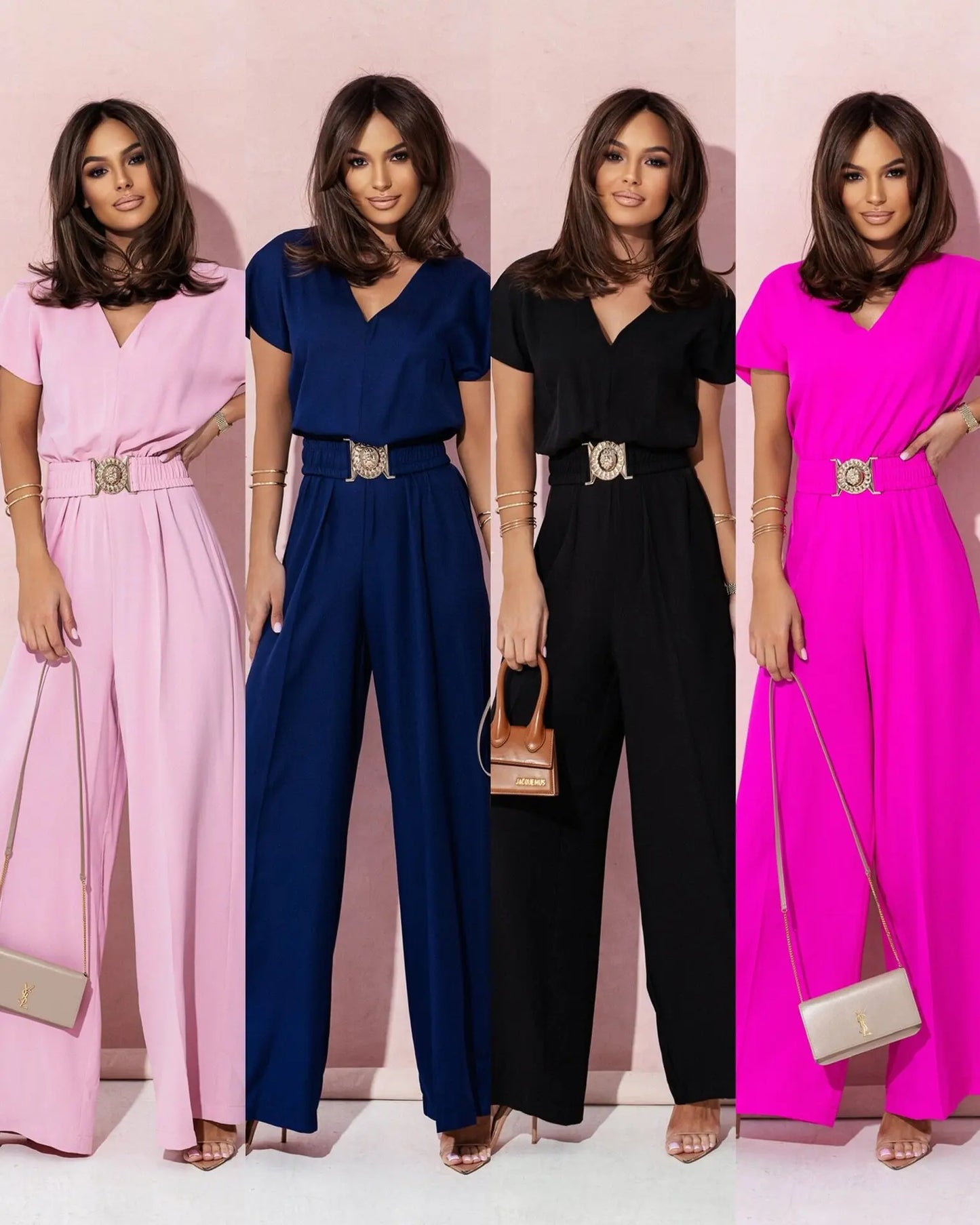 Fashion V-neck Short Sleeve High Waist Jumpsuit Women 2024 Summer Solid Wide Leg Elegant Romper Vintage Jumpsuits Overalls Women