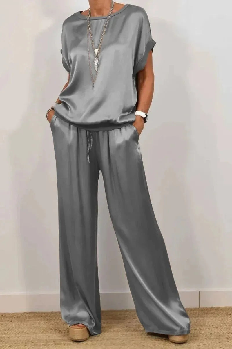 Casual Loose Satin T Shirt Pants Two Piece Sets Women Fashion O-neck Short Sleeve T Shirts Suit Spring Summer Wide Leg Pant Sets