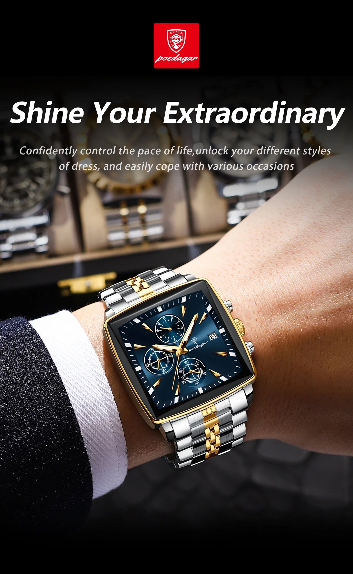 Fashion Men Watch Luminous Waterproof Chronograph Date Man Wristwatch Square Stainless Steel Quartz Men's Watches Reloj