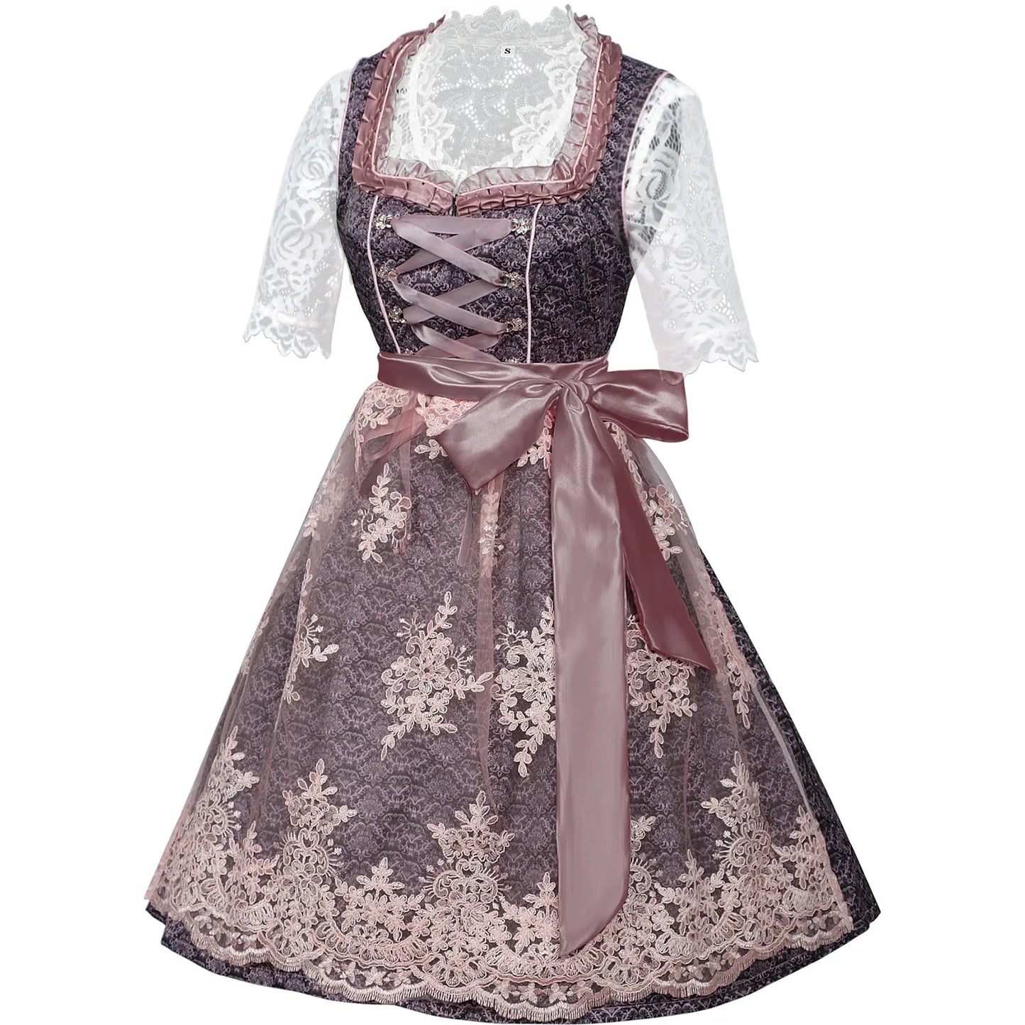 Women’s Purple & Pink Dirndl Dress Set – Bavarian Oktoberfest Costume with Lace Blouse & Embroidered Apron
