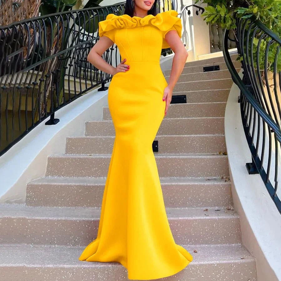 Elegant Long Dresses for Women Off Shoulder Short Sleeve Mermaid Floor Length