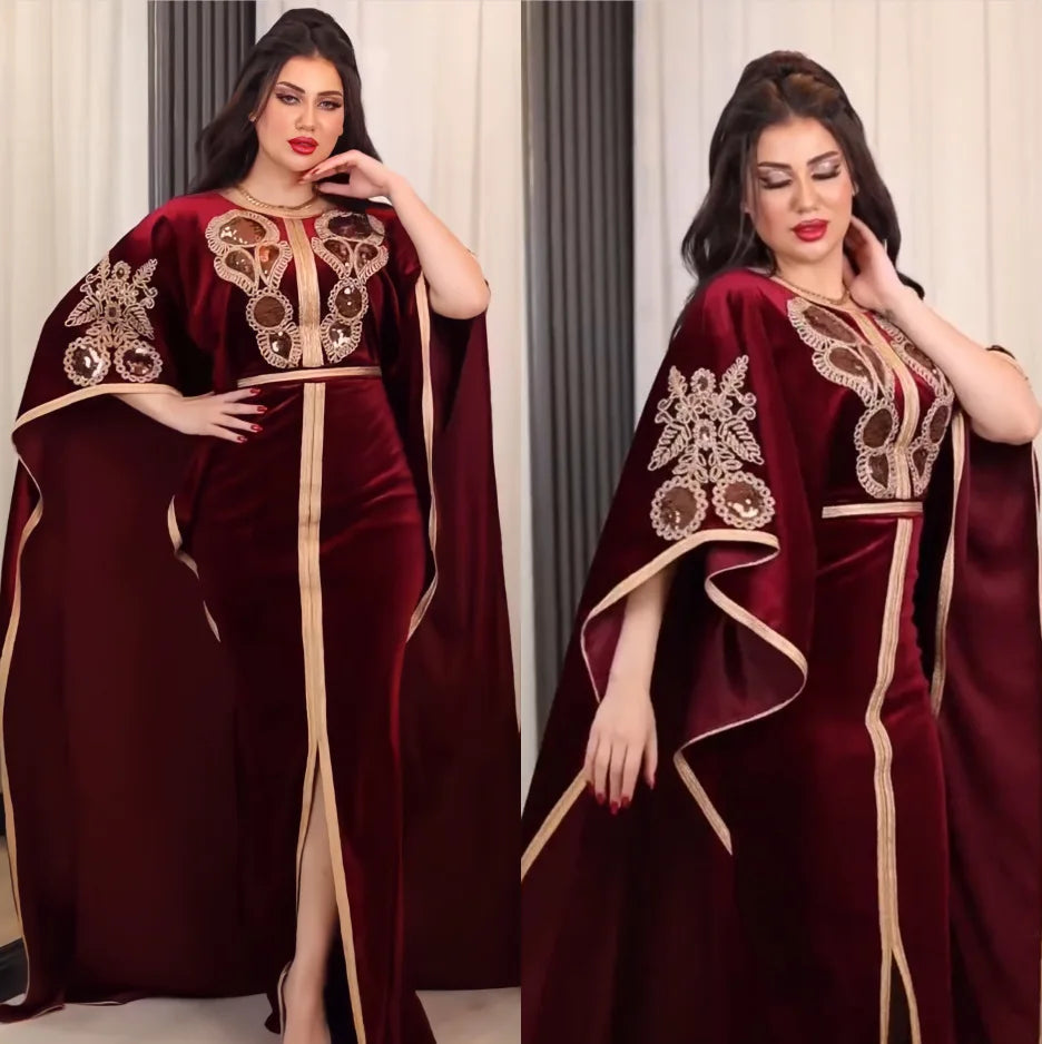 Ramadan Luxury Muslim Fashion Bat Sleeve Moroccan Turkiye Dubai Dress Middle East Arab Dress Sequins Golden Velvet Long Dress