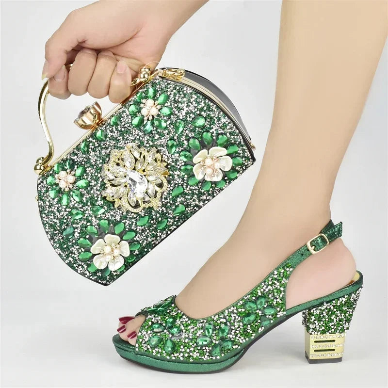 Italian Shoes and Bags Matching Set with Rhinestone Plus Size Shoes Luxury Italian Shoe and Bag Set 2025 Wedding Shoes Bride
