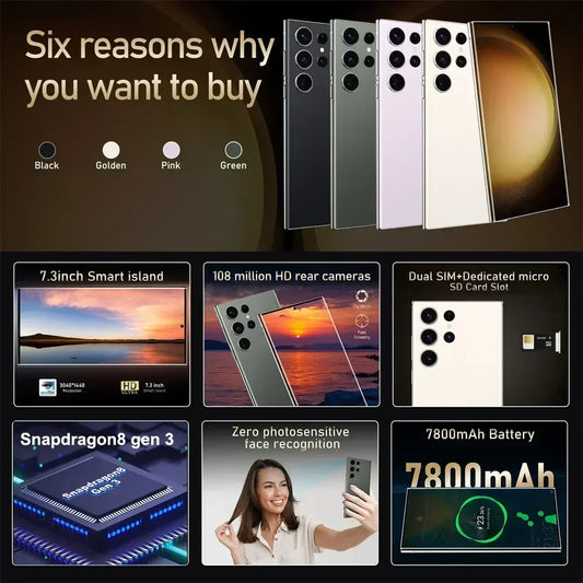 New Android Smartphone 7.3HD 5G Snapdragon 8 Gen 3 Cell phones 7800mAh Mobile Phones Face Unlocked Cell Phone Android