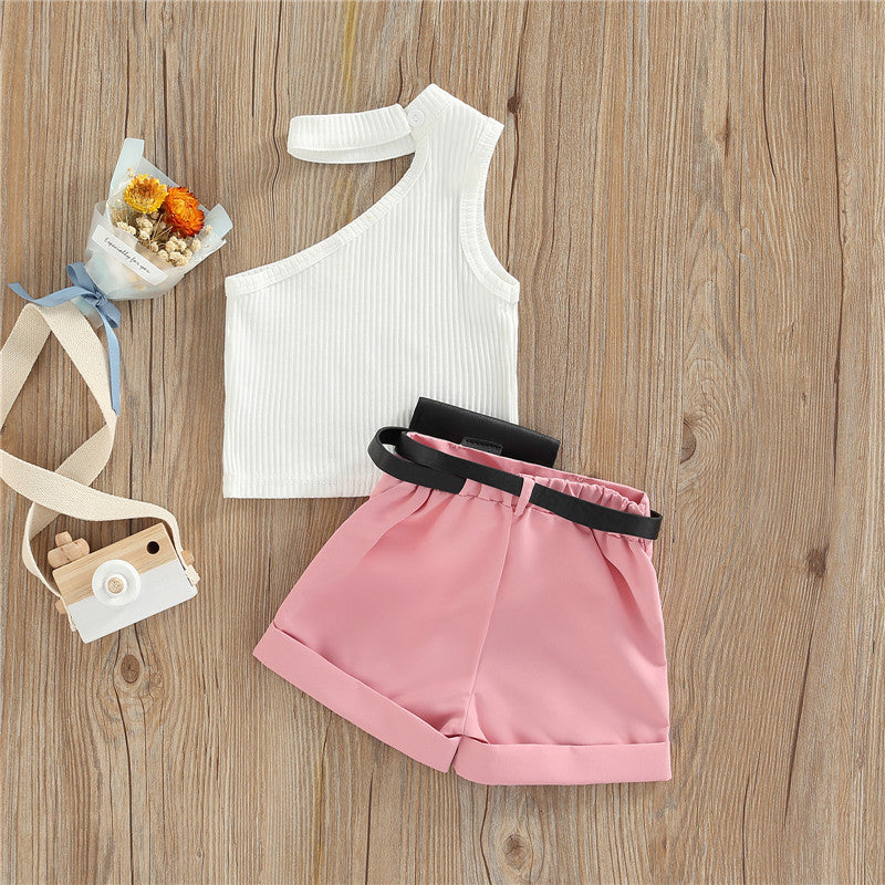 1-5 Years Infant Girl Casual Set Tanks Tops + Shorts + Waist Bag Pockets Decoration Casual Style Girls Summer Clothing Set