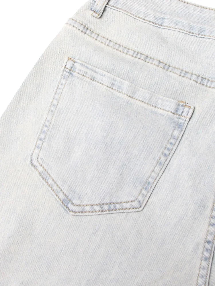Women's Crisscross Streetwear Denim Trousers With High Waist Patchwork