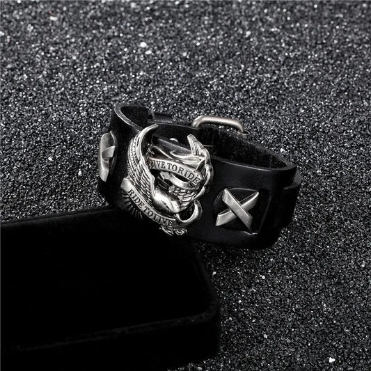 Genuine Leather Ride to live Biker Eagle Bracelets Men Gothic Rock Wide Cuff Wristband