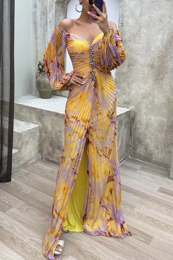 Women Floral Lantern Long Sleeve Dress Elegant Rhinestone Off Shoulder Maxi Dresses Sexy Deep V-neck  Waist Split Parties Dress