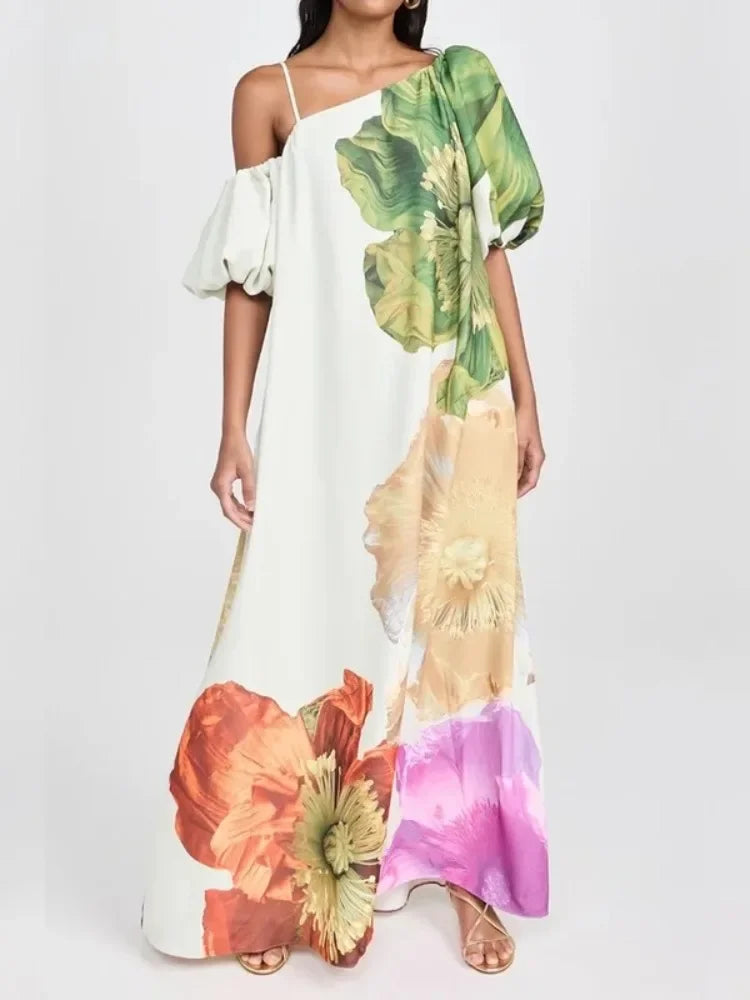 UOOZEE 2025 New Women Fashion Elegant Floral Printed Evening Maxi Dresses Loose One-Shoulder H-line Vacation Bohemia Dress